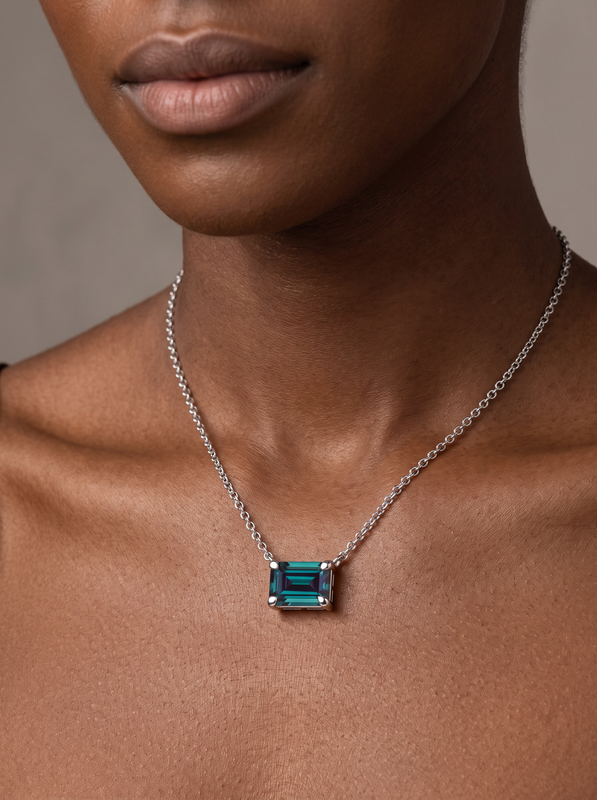 Lab-Grown Emerald-Cut Gemstone Necklace in 14K White Gold, Alexandrite, shown close at the collarbone