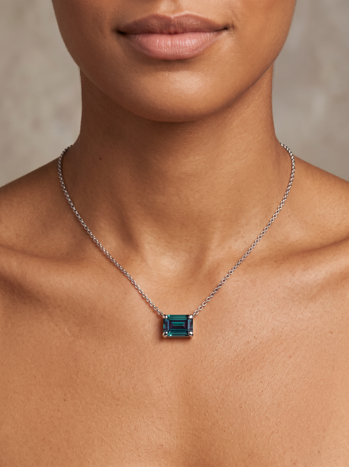 Lab-Grown Emerald-Cut Gemstone Necklace in 14K White Gold, Alexandrite, worn at the collarbone