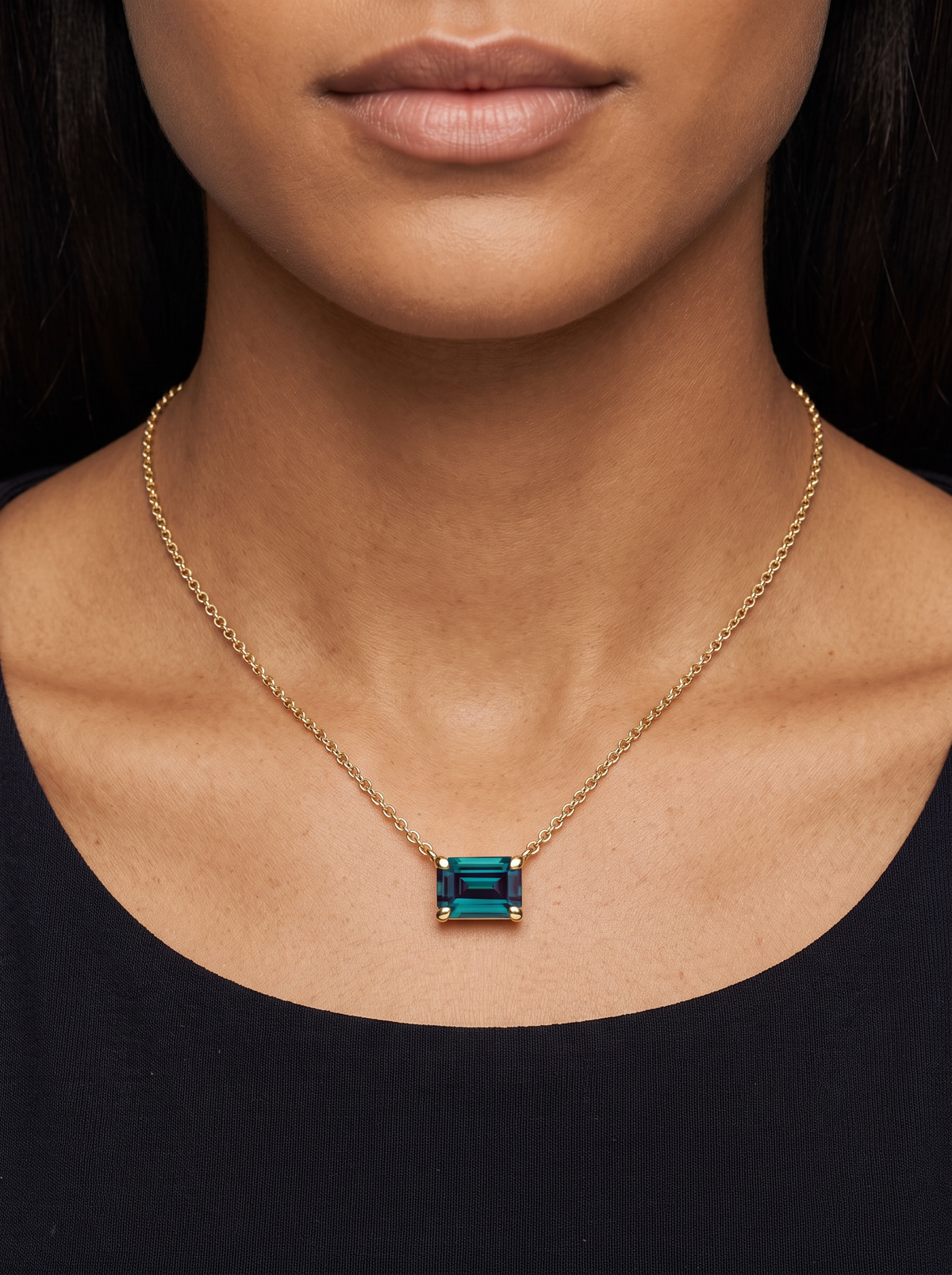 Lab-Grown Emerald-Cut Gemstone Necklace in 14K Yellow Gold, Alexandrite, shown close at the collarbone