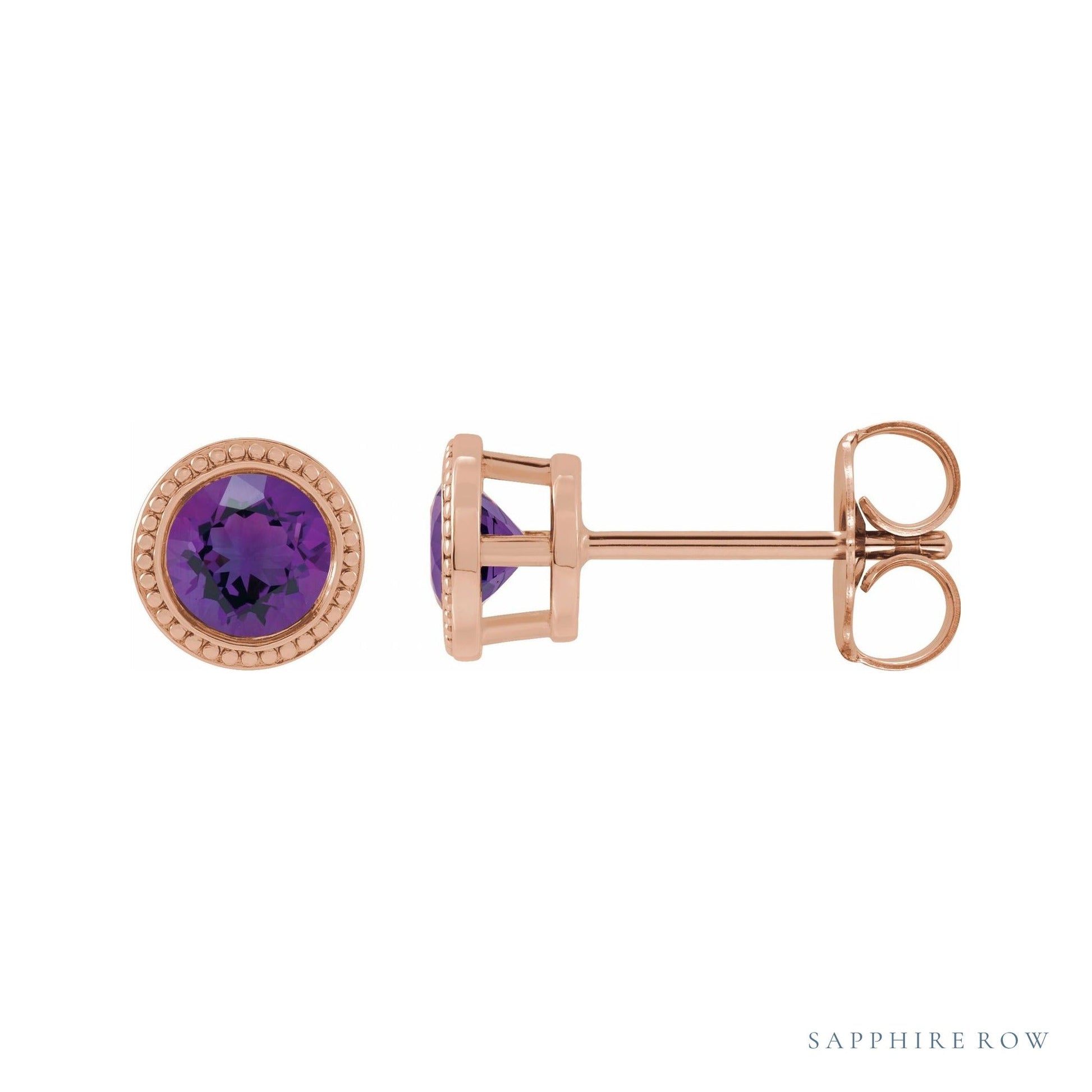 Sapphire Row Natural Bezel-Set Amethyst Studs in Rose Gold