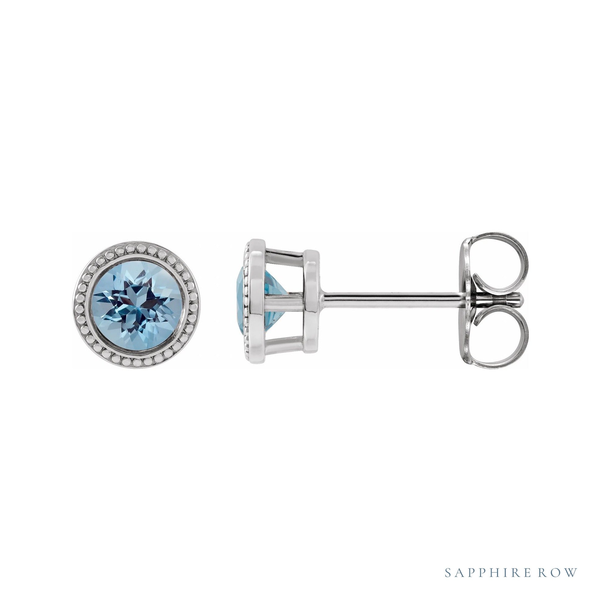 Sapphire Row Bezel-Set Aquamarine Studs in White Gold