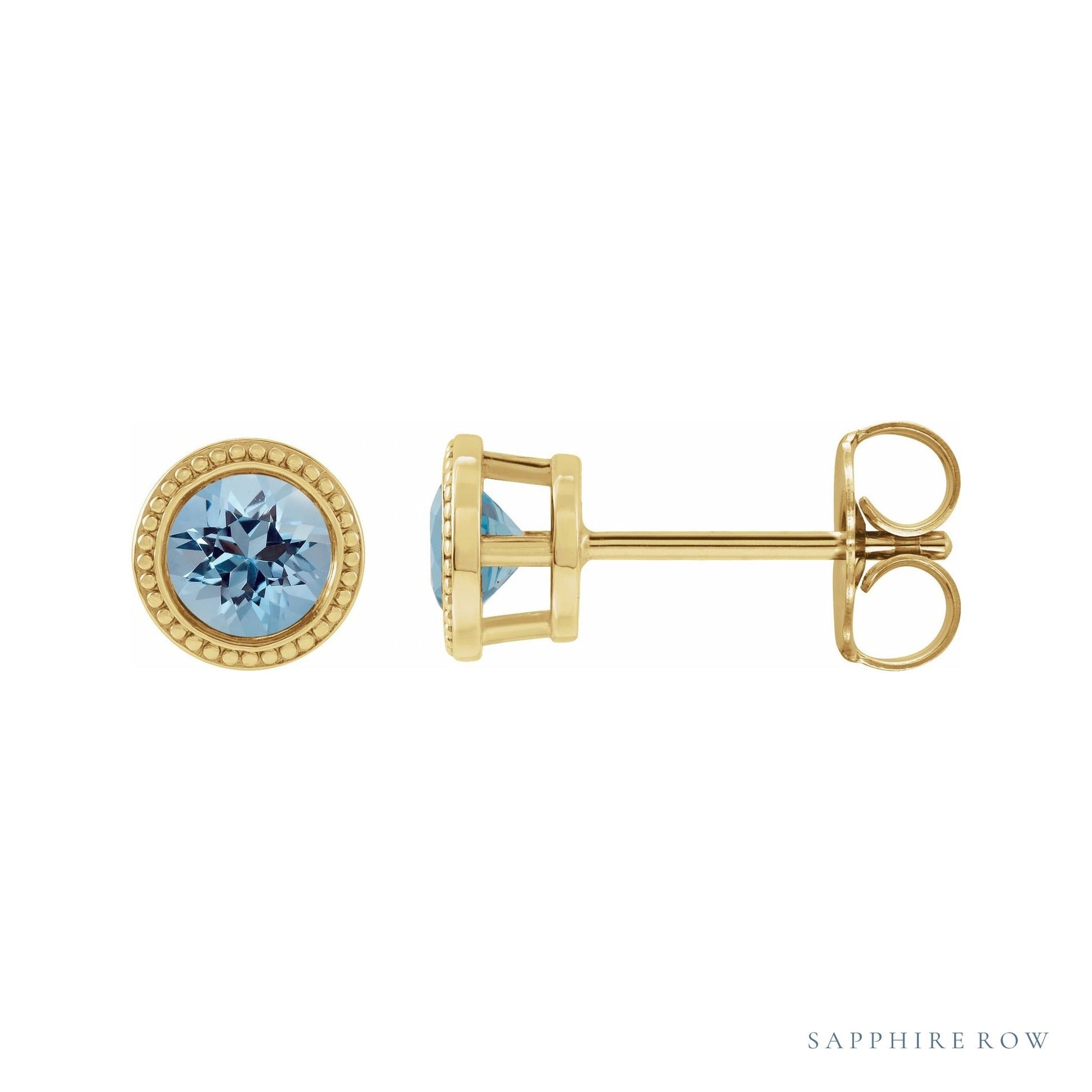 Sapphire Row Natural Bezel-Set Aquamarine Studs in Yellow Gold