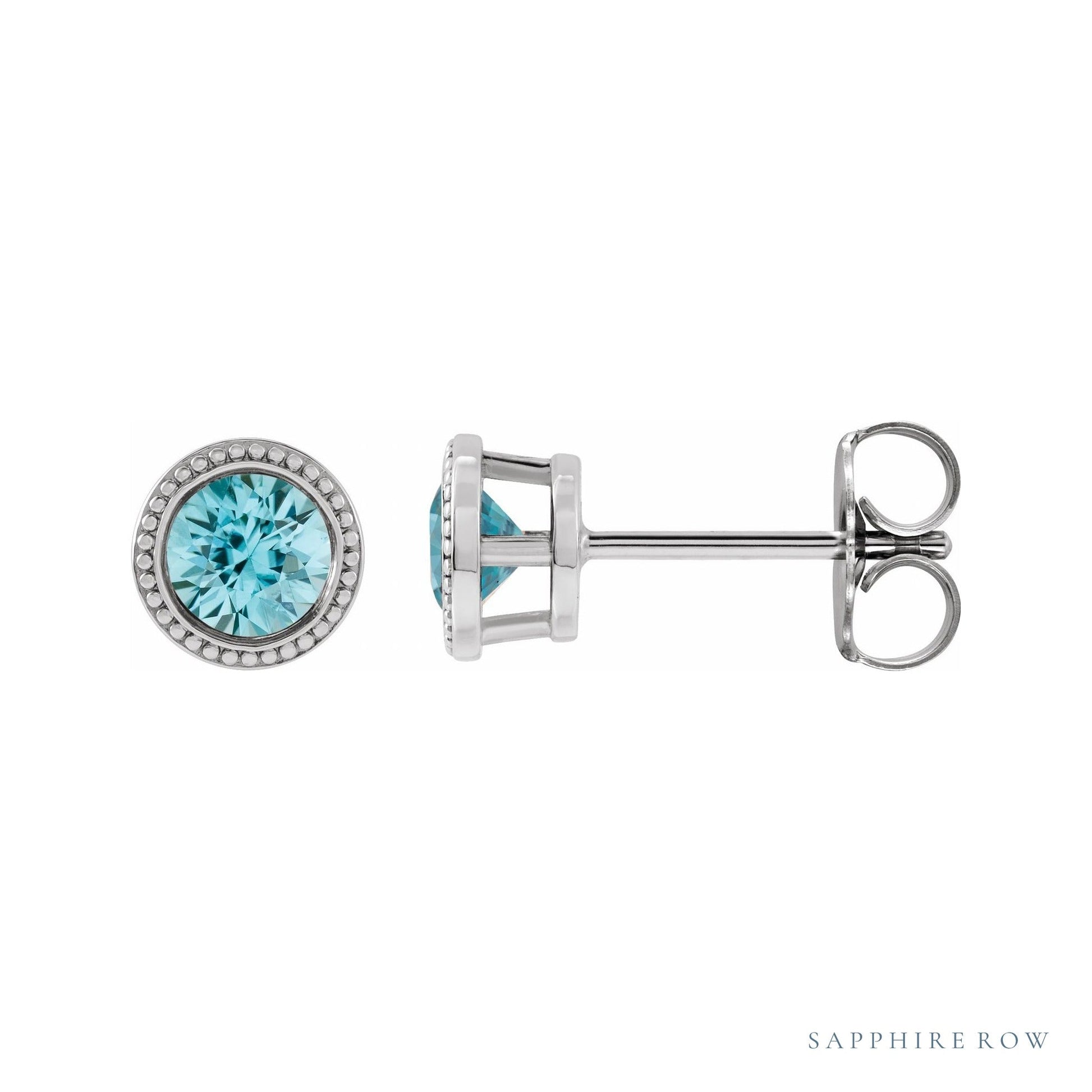 Sapphire Row Natural Bezel-Set Blue Zircon Studs in Platinum