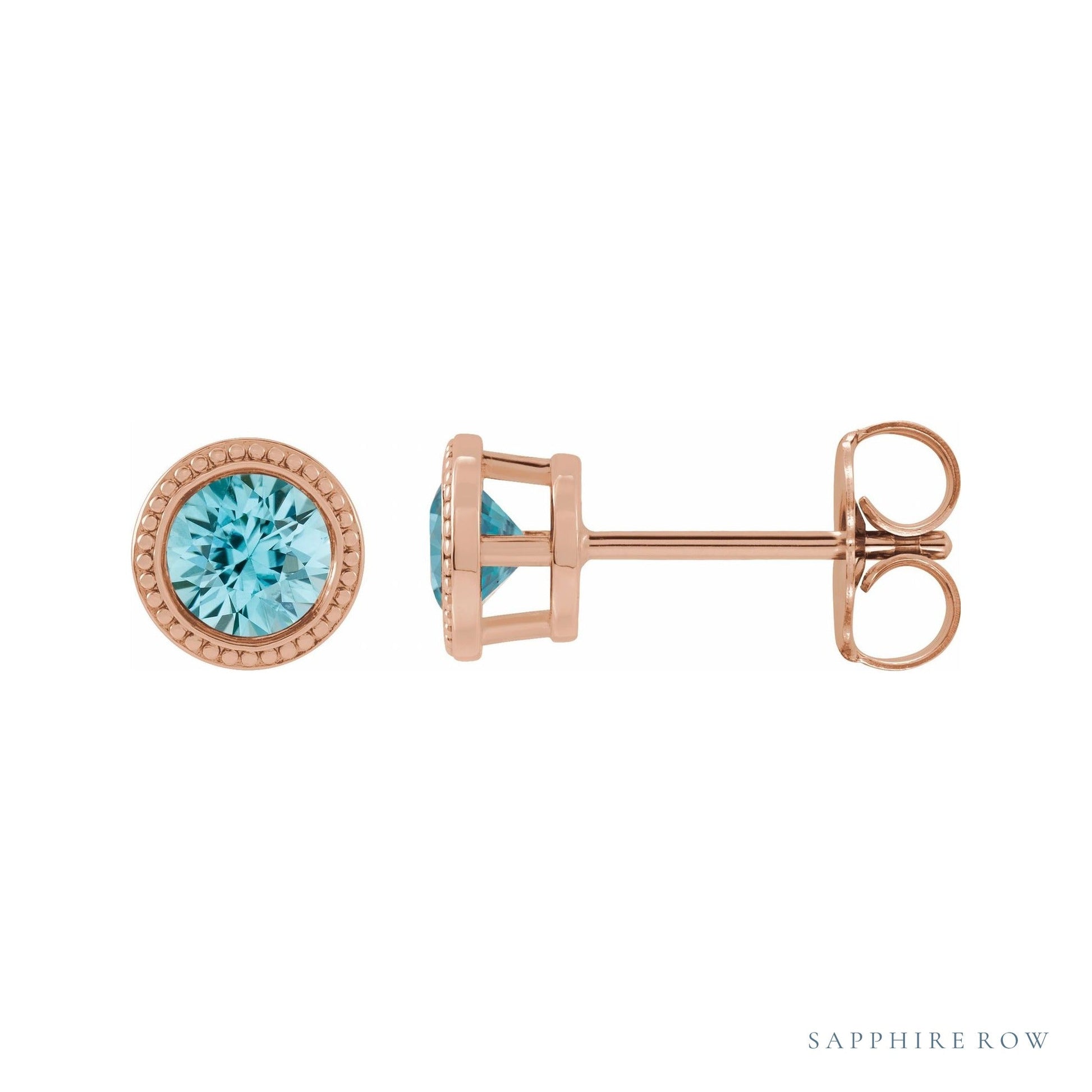 Sapphire Row Natural Bezel-Set Blue Zircon Studs in Rose Gold