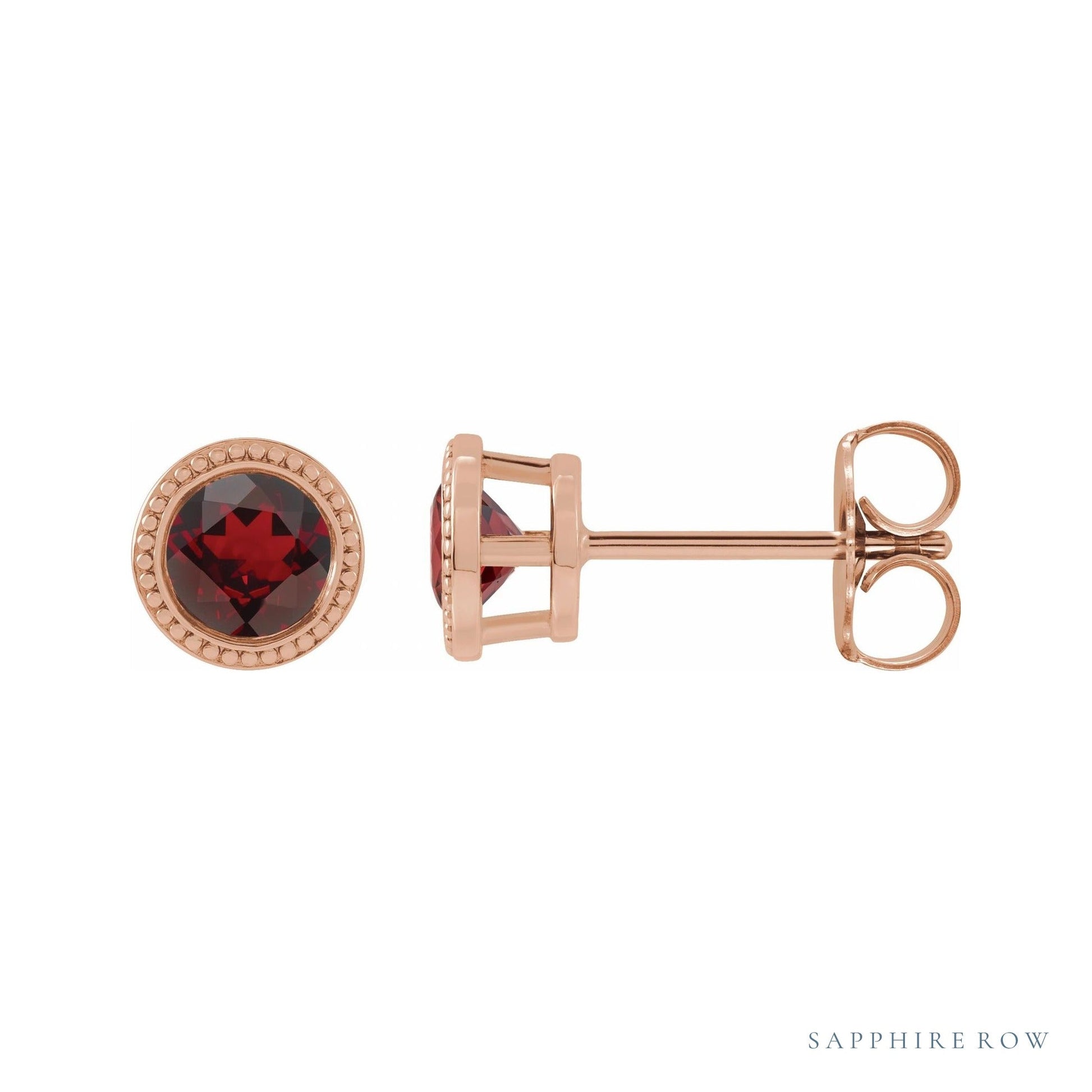 Sapphire Row Natural Bezel-Set Red Garnet Studs in Rose Gold