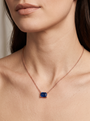 Lab-Grown Emerald-Cut Gemstone Necklace in 14K Rose Gold, Blue Sapphire, worn at the collarbone
