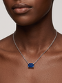 Lab-Grown Emerald-Cut Gemstone Necklace in 14K White Gold, Blue Sapphire, worn at the collarbone
