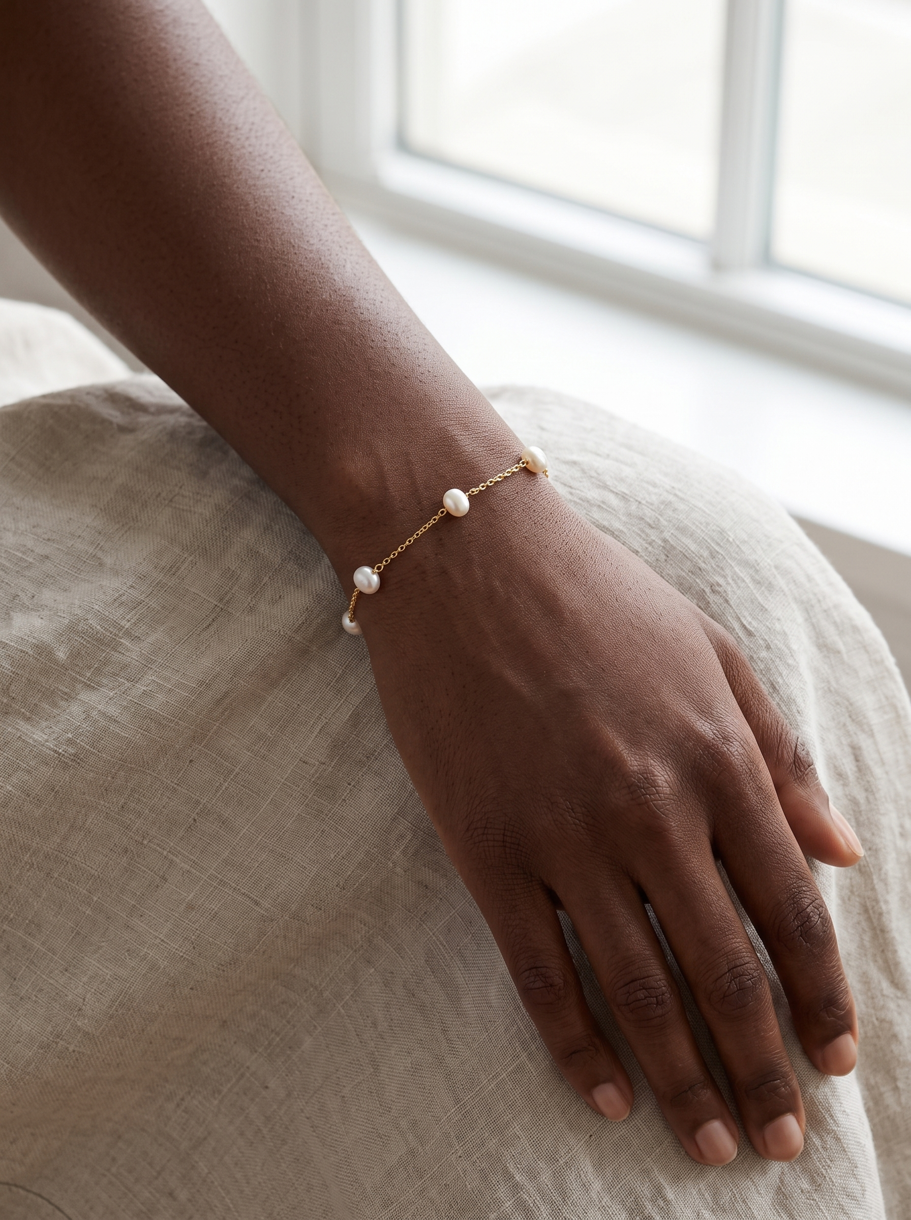Cultured Pearl Station Bracelet in 14K Yellow Gold, worn on the wrist