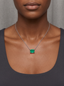 Lab-Grown Emerald-Cut Gemstone Necklace in Platinum, Emerald, worn at the collarbone