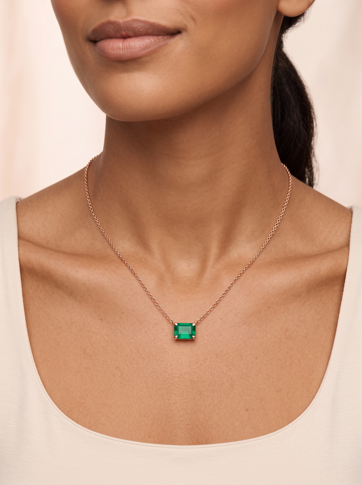 Lab-Grown Emerald-Cut Gemstone Necklace in 14K Rose Gold, Emerald, worn at the collarbone