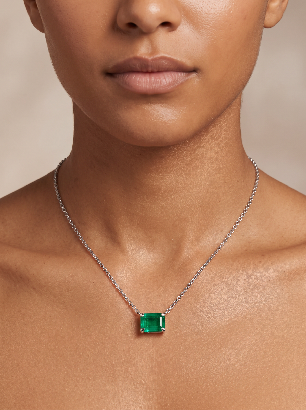 Lab-Grown Emerald-Cut Gemstone Necklace in 14K White Gold, Emerald, shown close at the collarbone