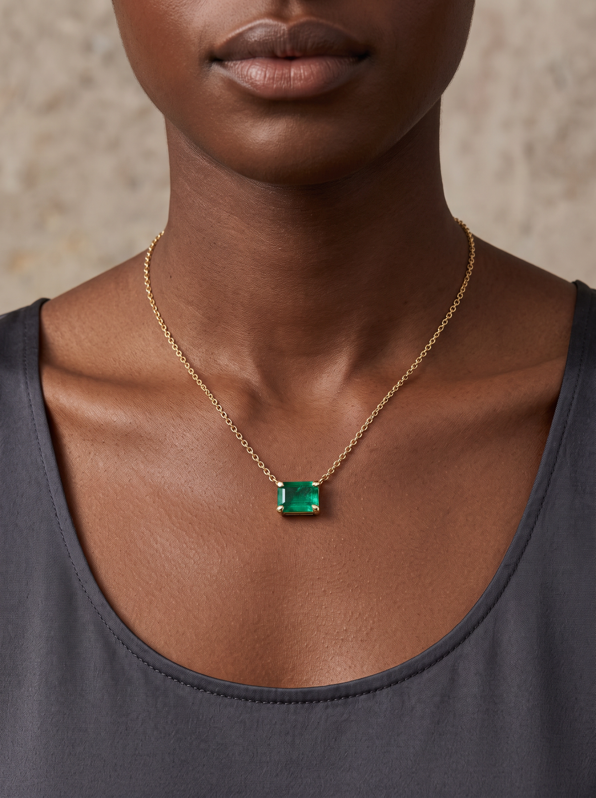 Lab-Grown Emerald-Cut Gemstone Necklace in 14K Yellow Gold, Emerald, worn at the collarbone