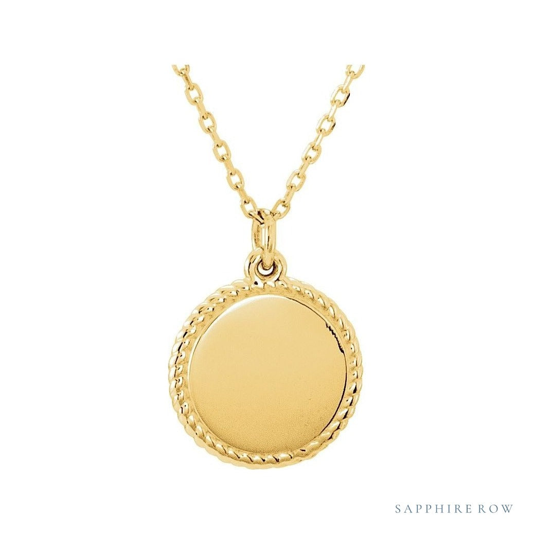 Engravable Rope Disc Necklace in 14K yellow gold