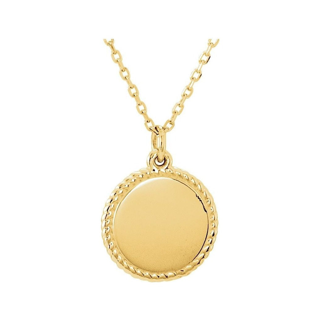 Engravable Rope Disc Necklace in 14K yellow gold