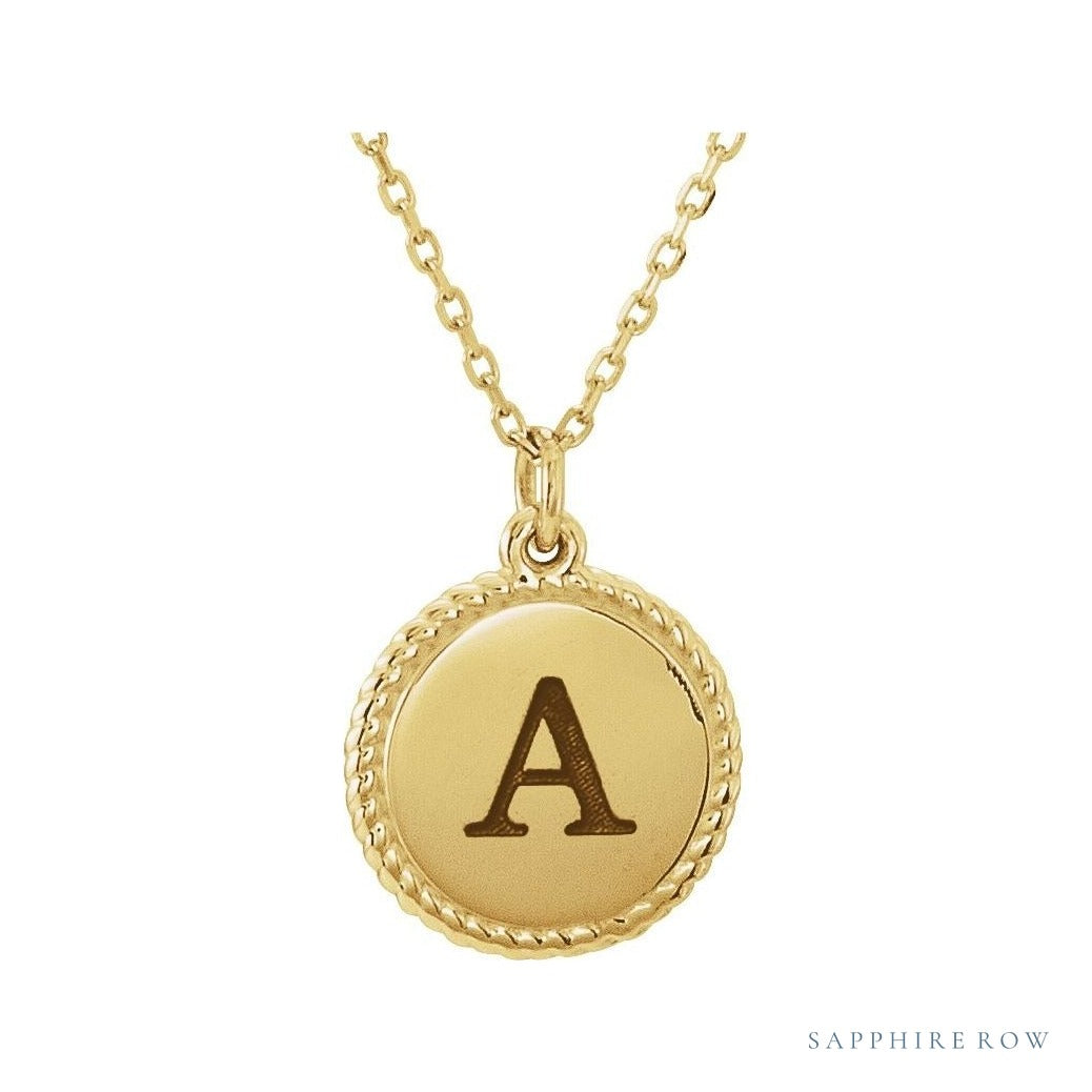 Engravable Rope Disc Necklace in 14K yellow gold, alternate view