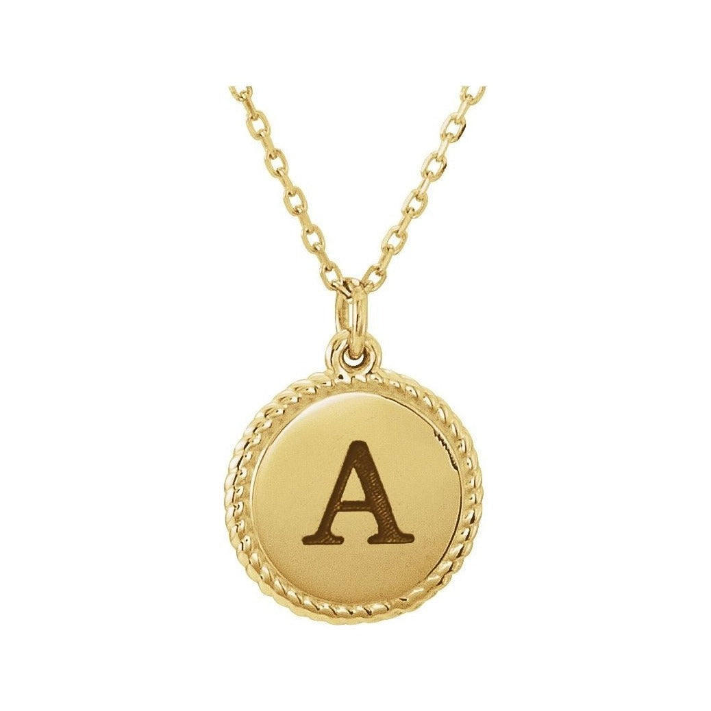 Engravable Rope Disc Necklace in 14K yellow gold, alternate view