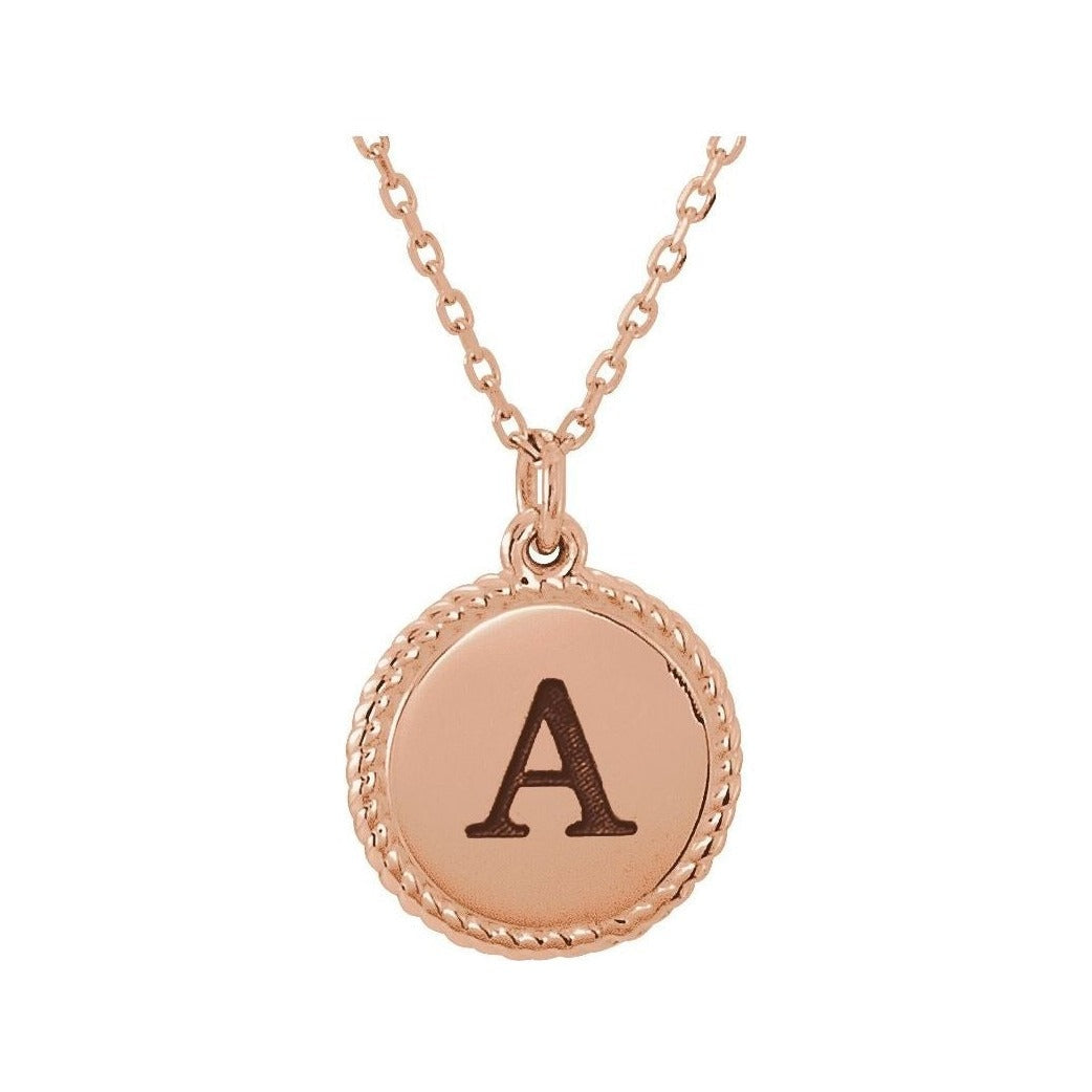 Engravable Rope Disc Necklace in 14K rose gold, alternate view