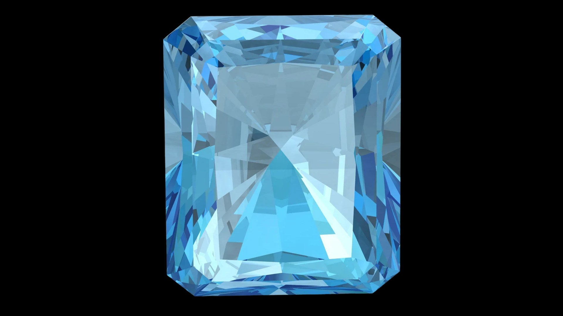 Emerald-cut aquamarine gemstone glowing against a black background