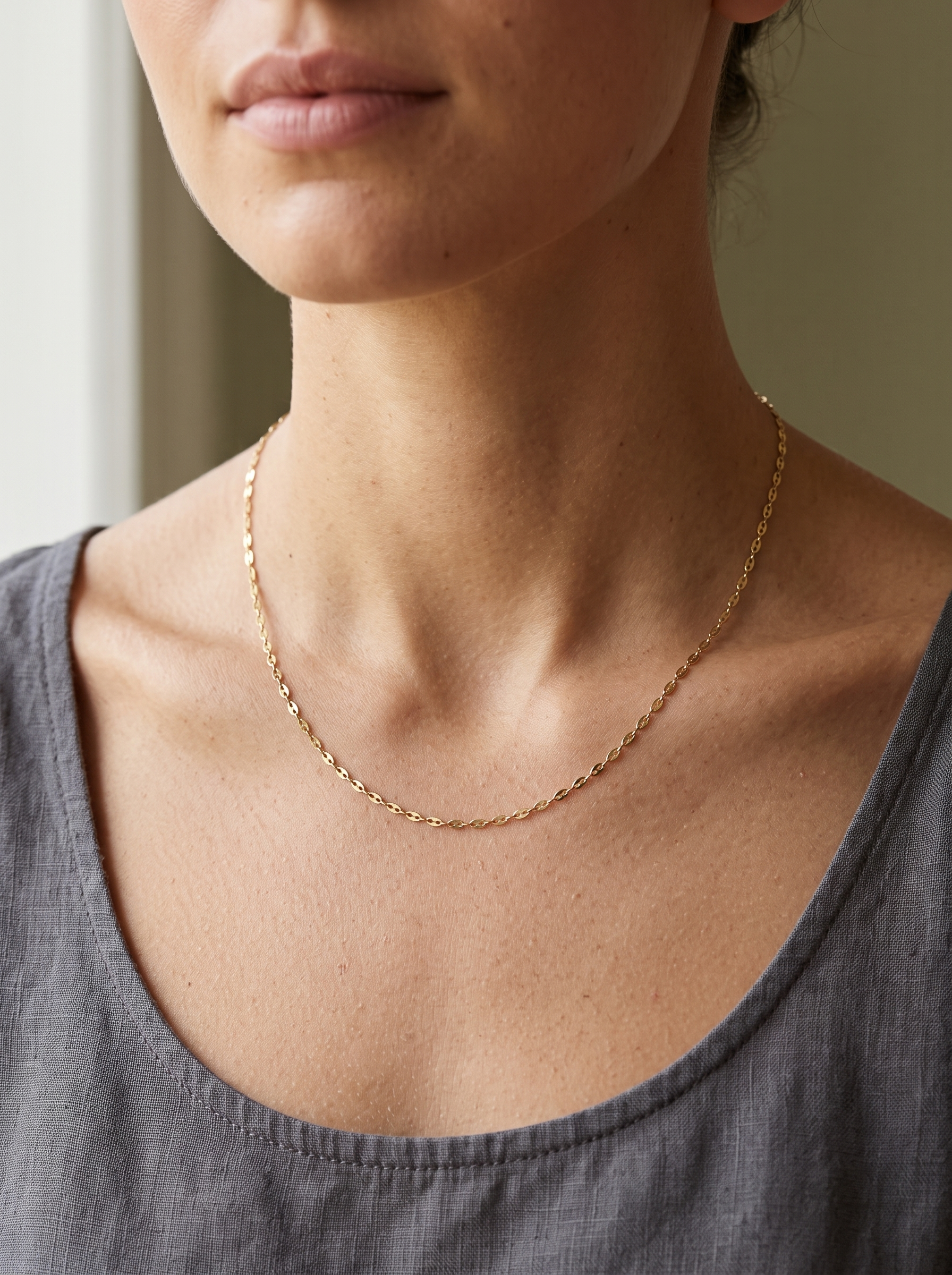 Gold Keyhole Chain Necklace, worn at the collarbone