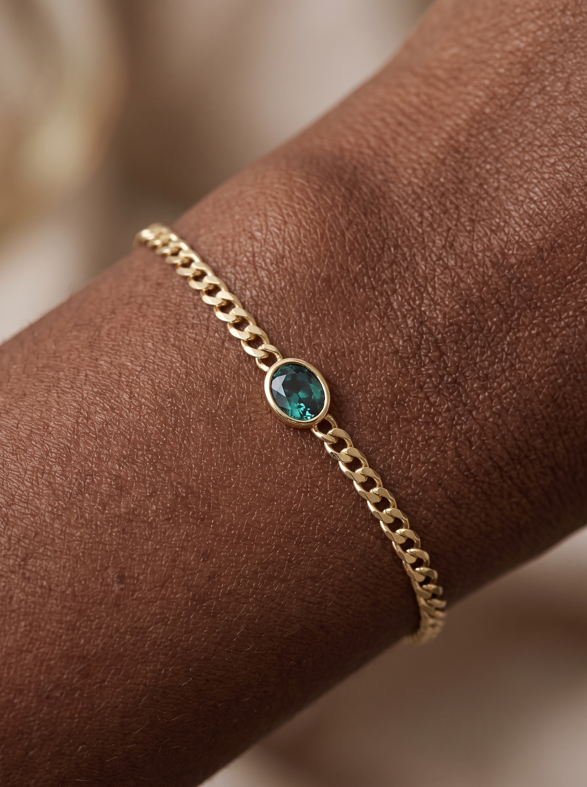 Lab-Grown Bezel-Set Gemstone Curb Bracelet, shown close on the wrist