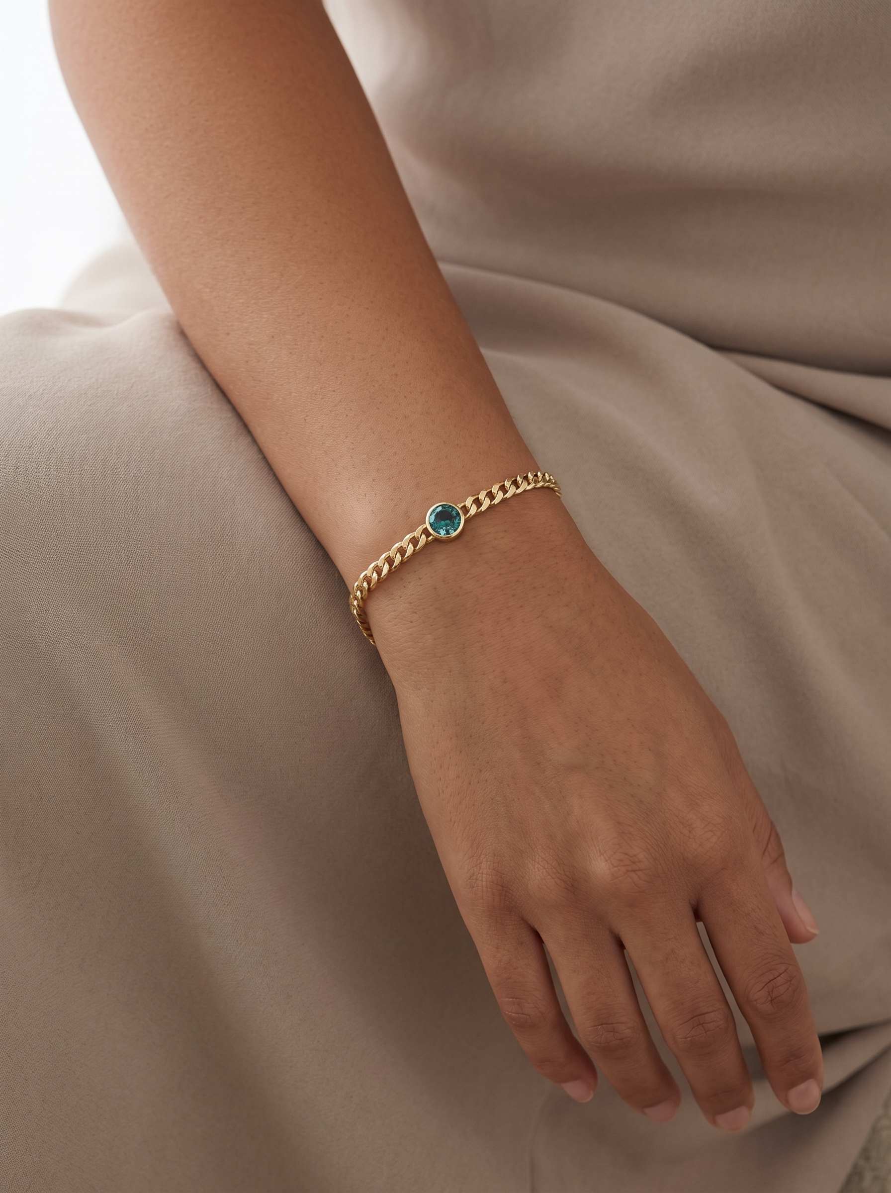 Lab-Grown Bezel-Set Gemstone Curb Bracelet, worn on the wrist