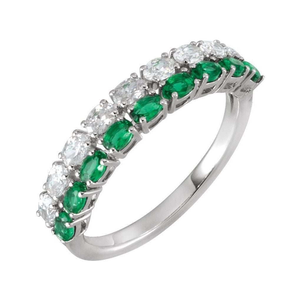 Lab-Grown Emerald & Diamond Double Pavé Ring in 14K white gold