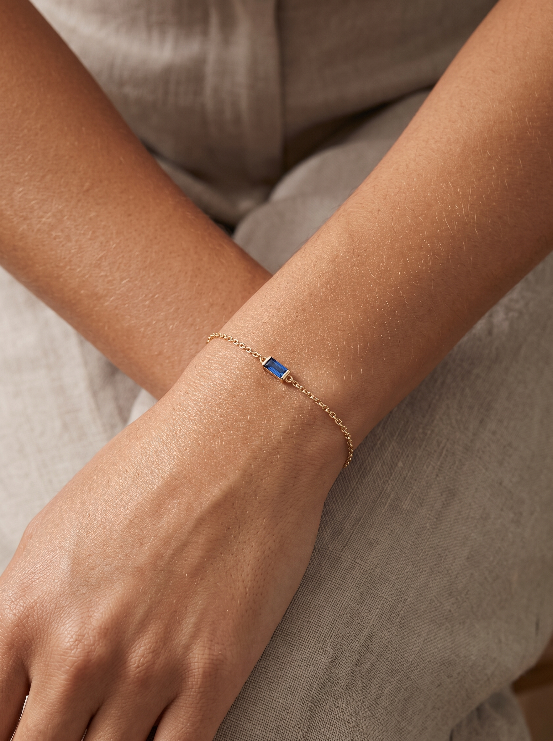 Lab-Grown Gemstone Baguette Bracelet in 14K Yellow Gold, worn on the wrist