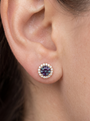Lab-Grown Gemstone Halo Stud Earrings in 14K Yellow Gold, shown close on the ear