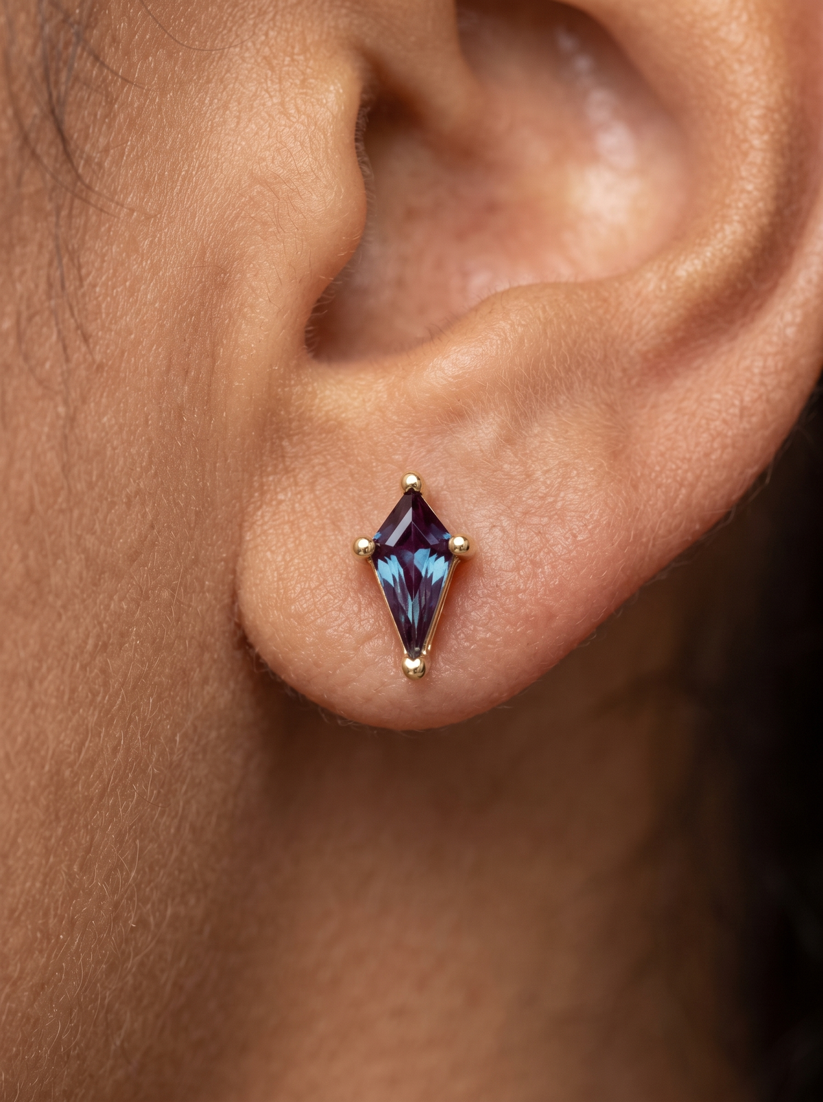 Lab-Grown Gemstone Kite Stud Earrings in 14K Yellow Gold, shown close on the ear