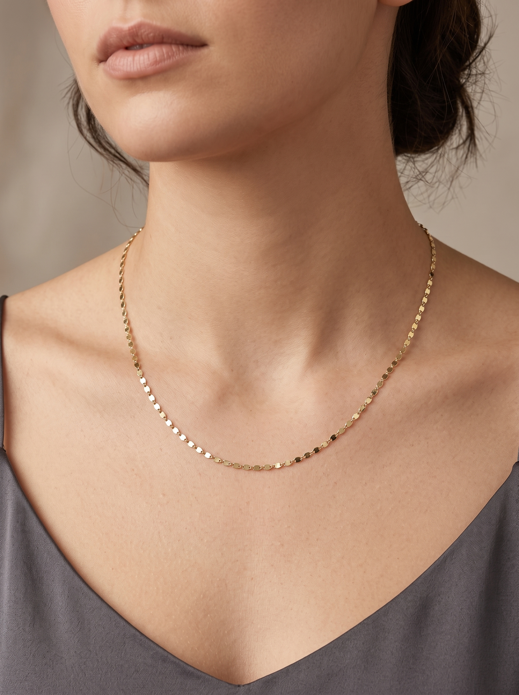 Gold Mirror Chain Necklace, worn at the collarbone