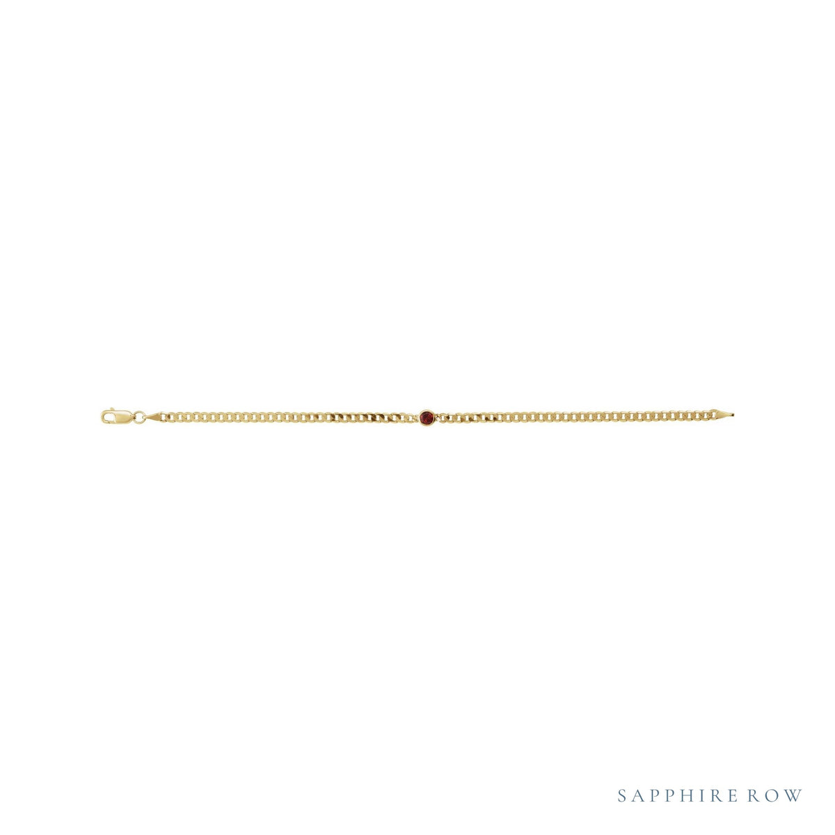 Natural Bezel-Set Gemstone Curb Bracelet in Mozambique Garnet, Yellow Gold, shown from a second angle