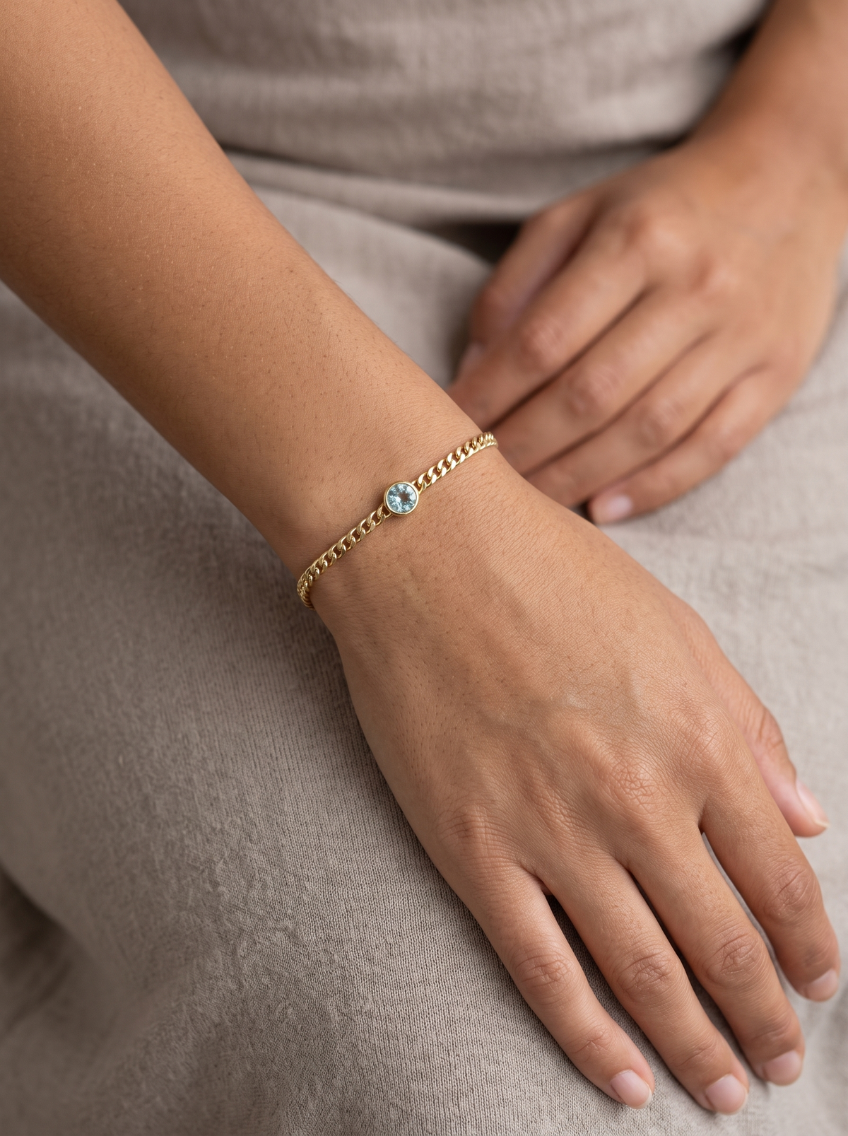 Natural Bezel-Set Gemstone Curb Bracelet, worn on the wrist