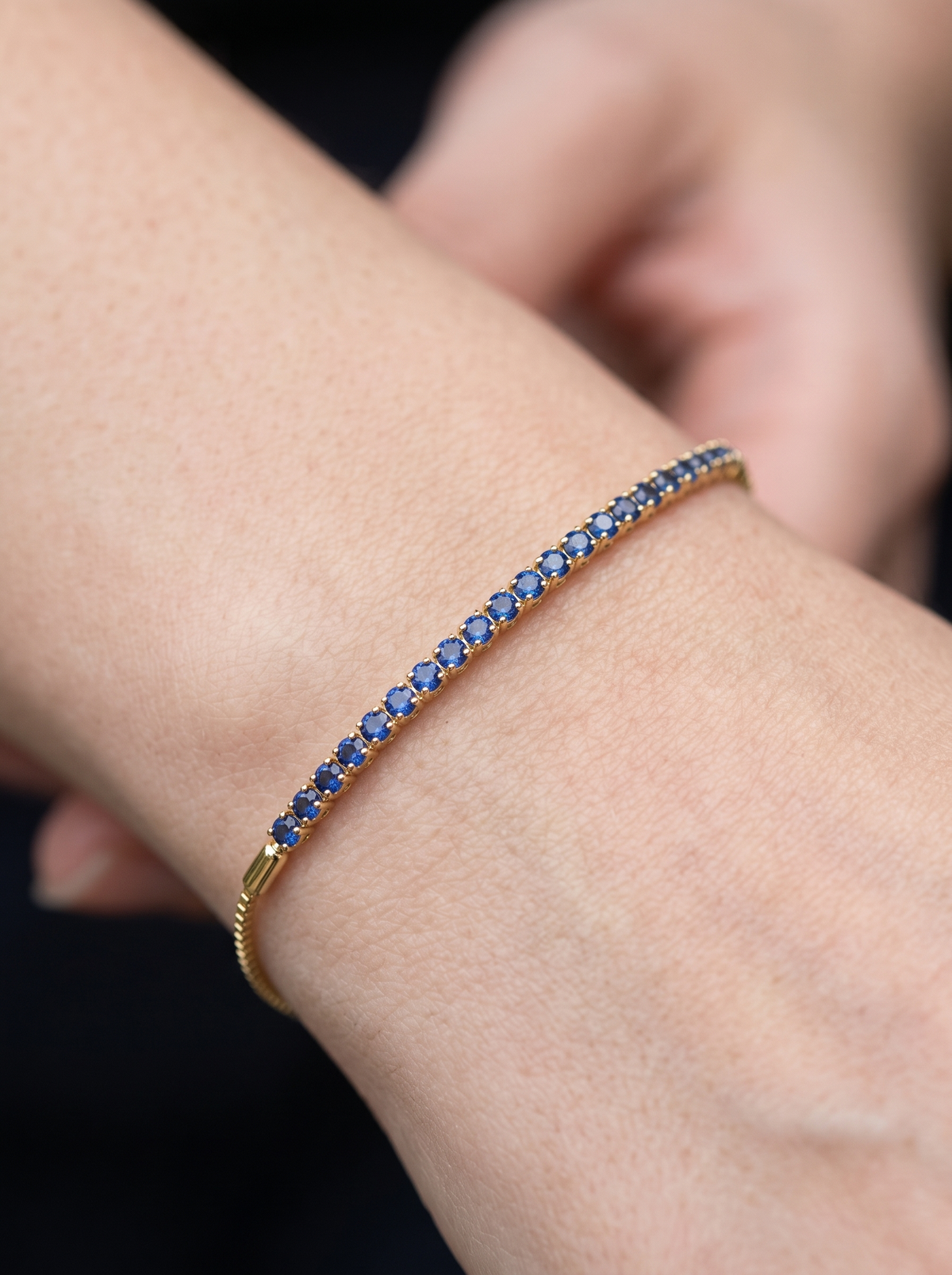 Natural Gemstone Bar Bolo Bracelet in 14K Yellow Gold, shown close on the wrist