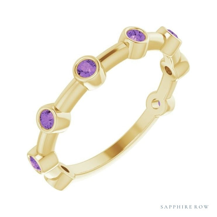 Natural Gemstone Bezel Station Ring in Amethyst, 14K yellow gold