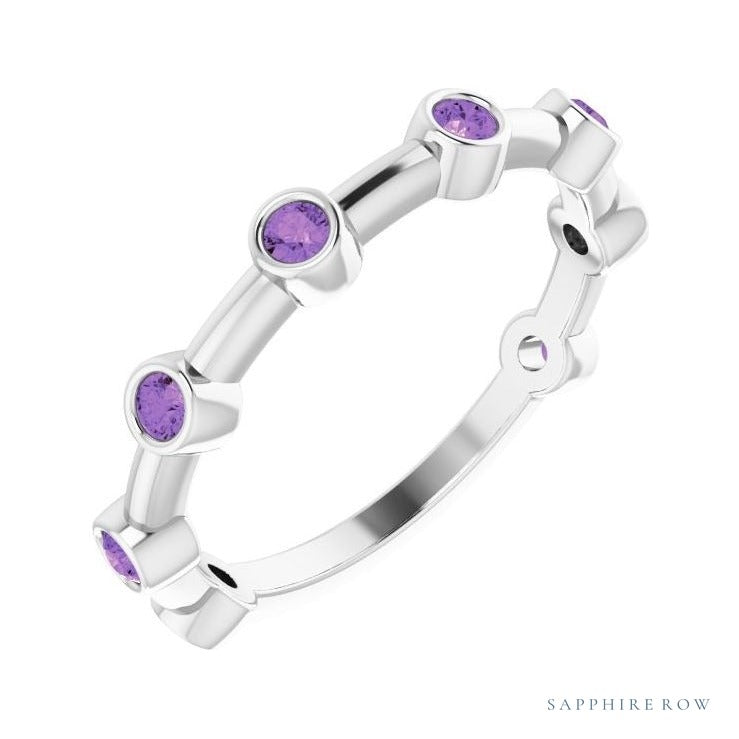 Natural Gemstone Bezel Station Ring in Amethyst, 14K white gold