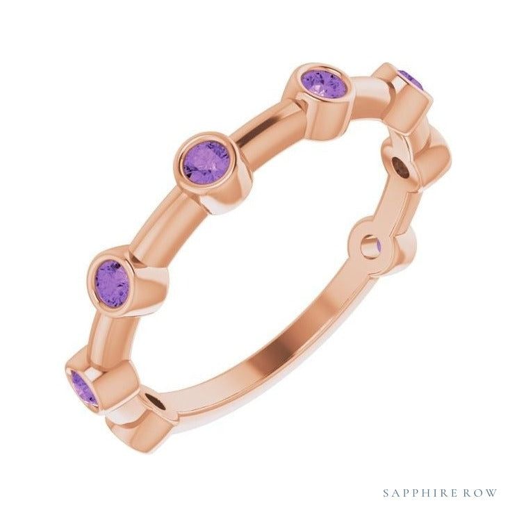 Natural Gemstone Bezel Station Ring in Amethyst, 14K rose gold