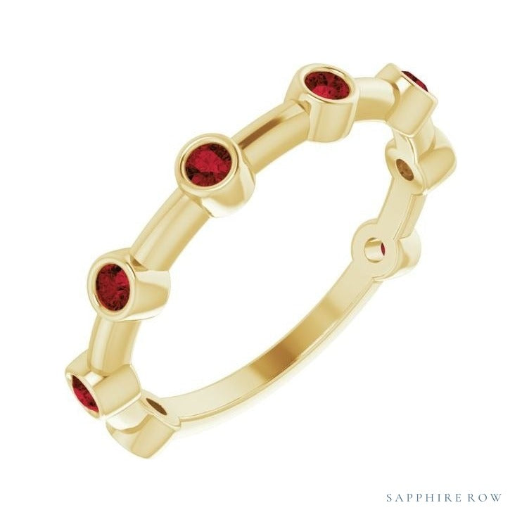 Natural Gemstone Bezel Station Ring in Garnet, 14K yellow gold