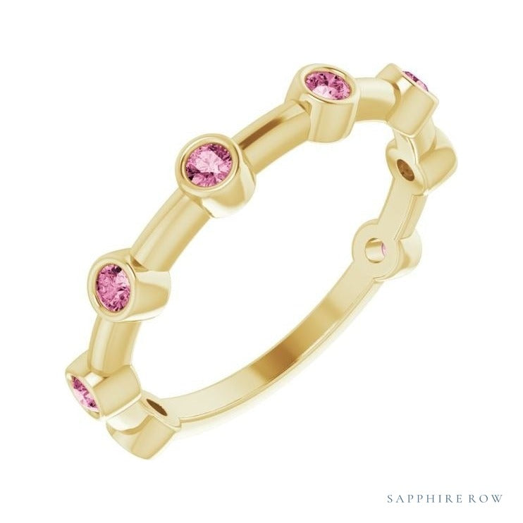Natural Gemstone Bezel Station Ring in Tourmaline, 14K yellow gold