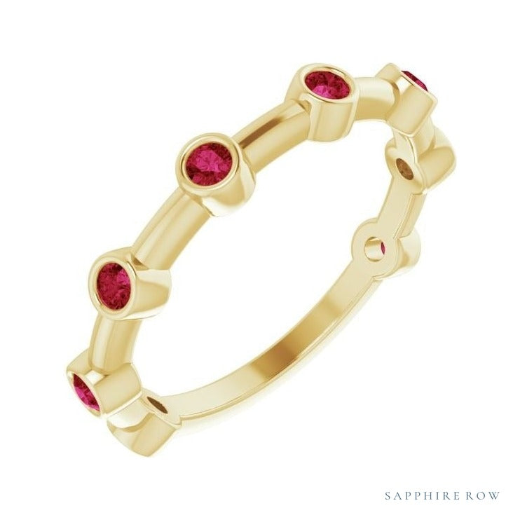 Natural Gemstone Bezel Station Ring in Ruby, 14K yellow gold