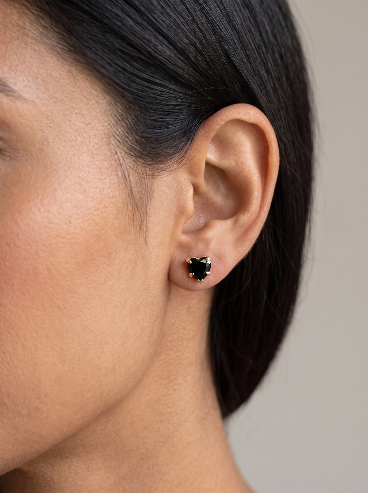 Natural Gemstone Heart Stud Earrings in 14K Yellow Gold, worn on the ear