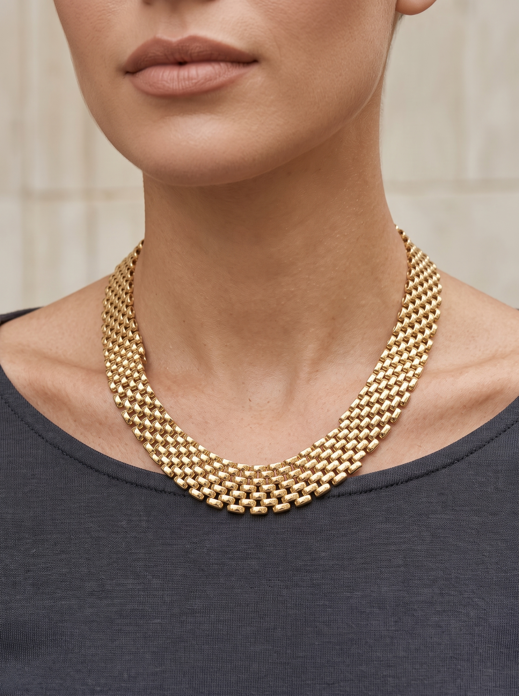 Gold Panther Chain Necklace, worn at the collarbone