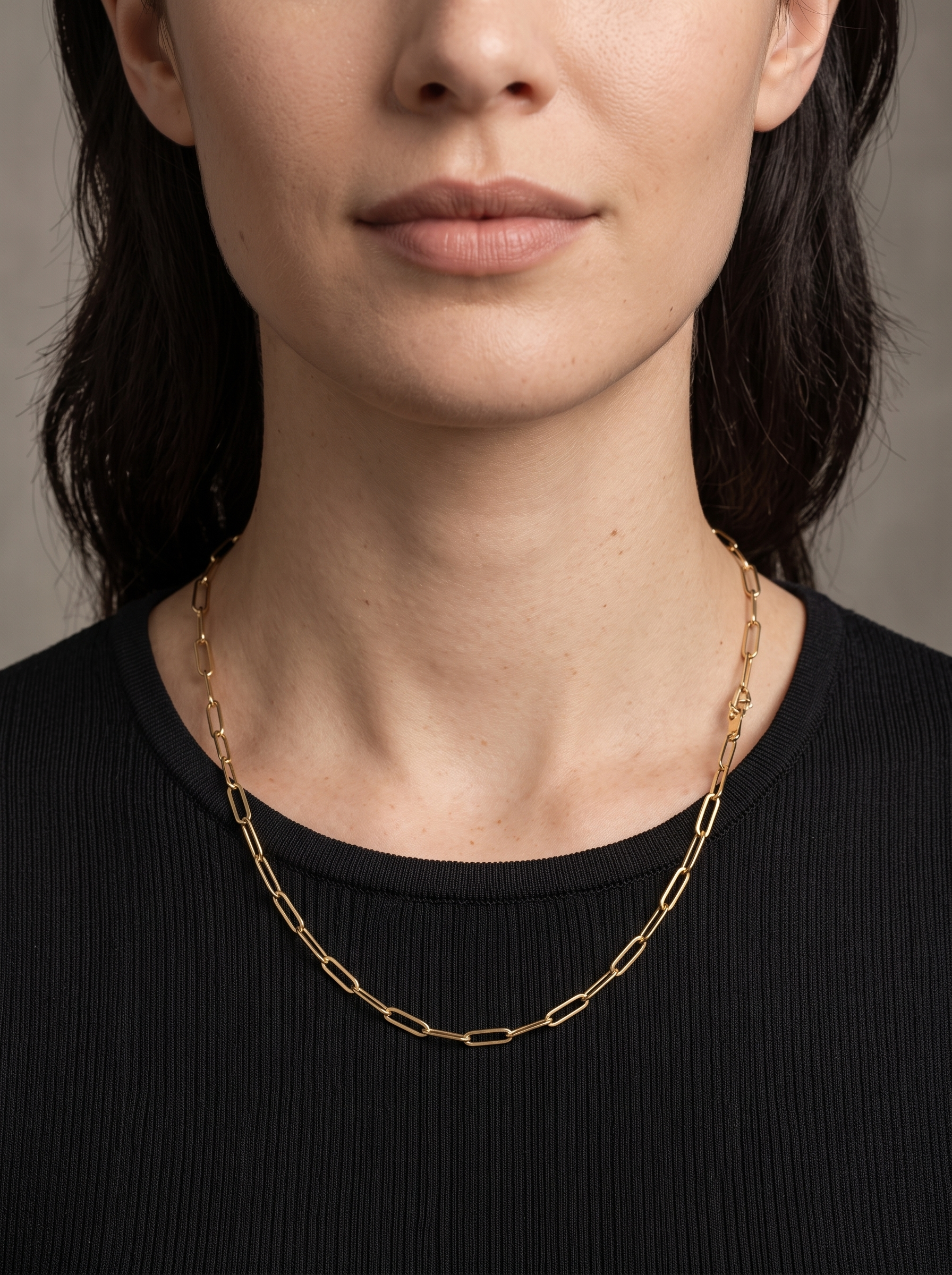 14K Gold Paperclip Chain Necklace in 14K Yellow Gold, worn at the collarbone