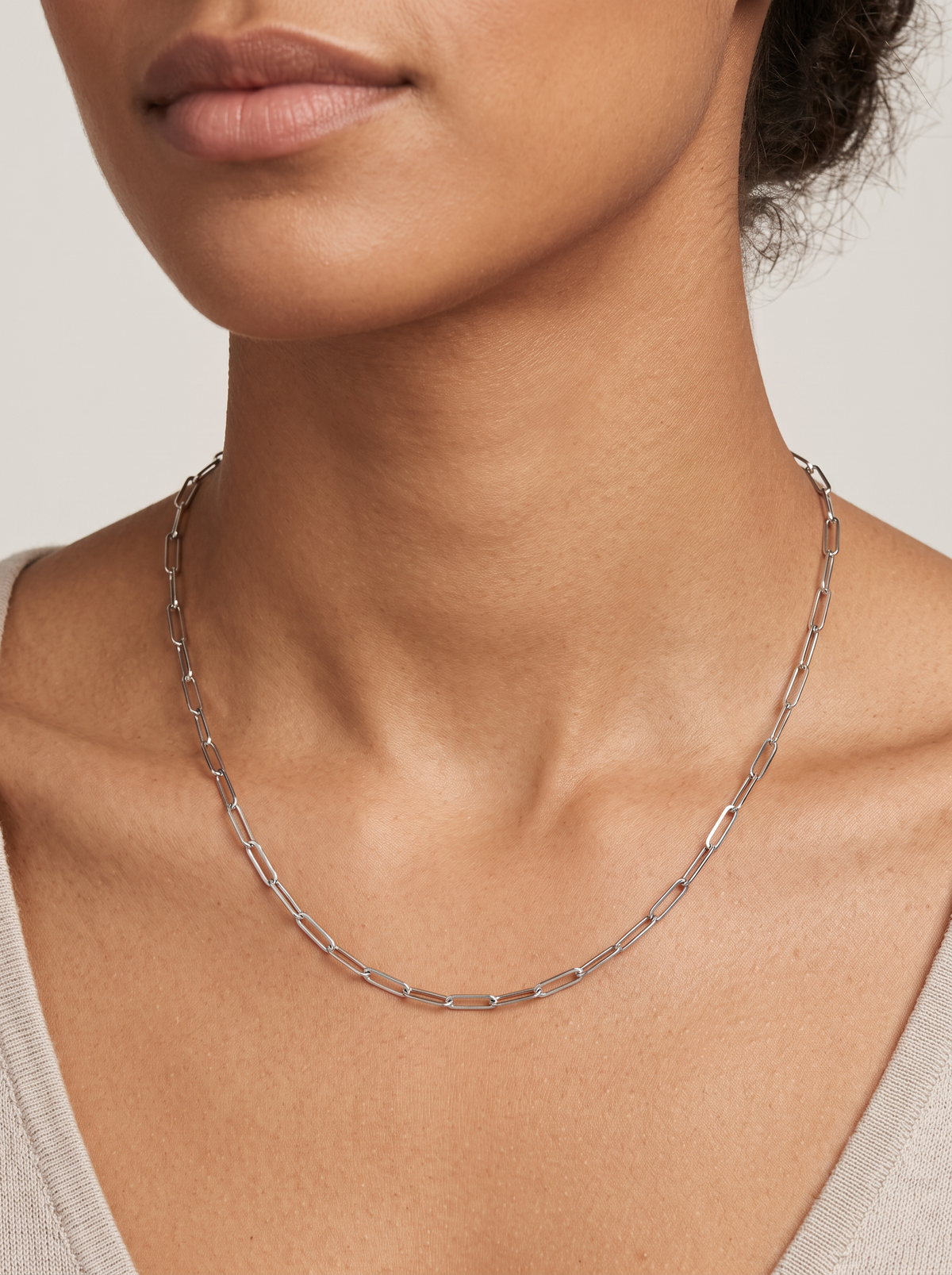 14K Gold Paperclip Chain Necklace in 14K White Gold, worn at the collarbone