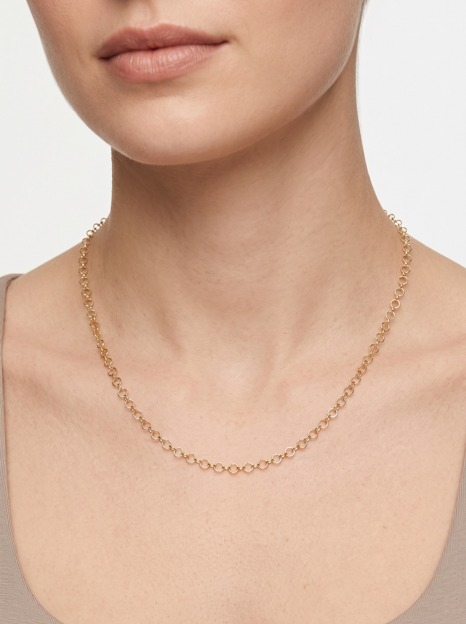 Round Cable Chain Necklace in 14K Yellow Gold, worn at the collarbone