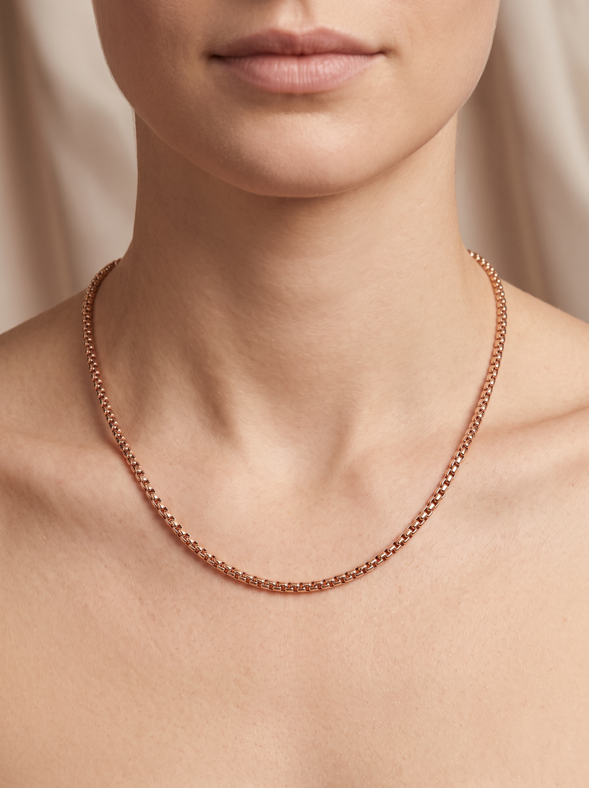 Rounded Box Chain Necklace in 14K Rose Gold, shown close at the collarbone