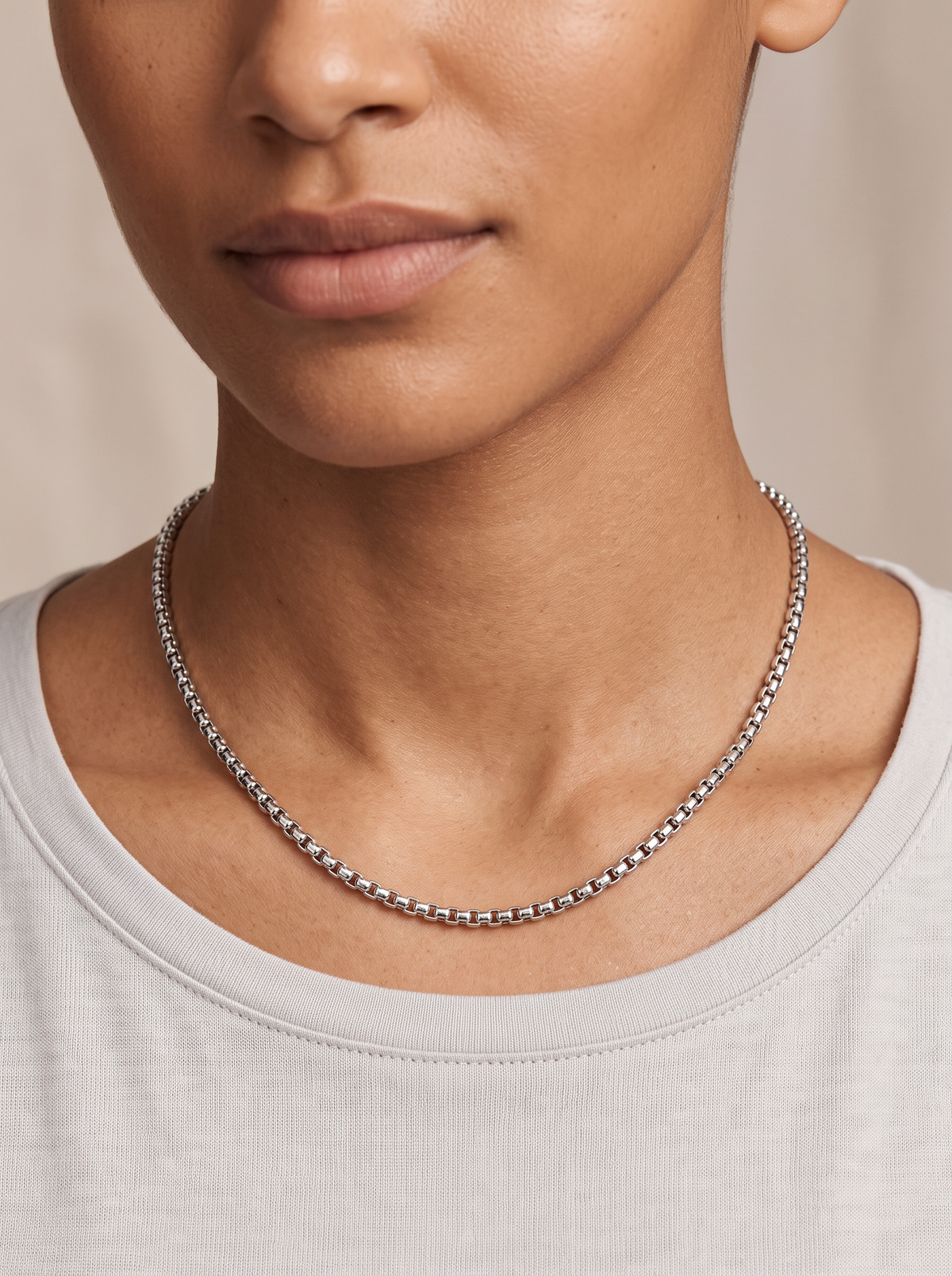 Rounded Box Chain Necklace in 14K White Gold, shown close at the collarbone