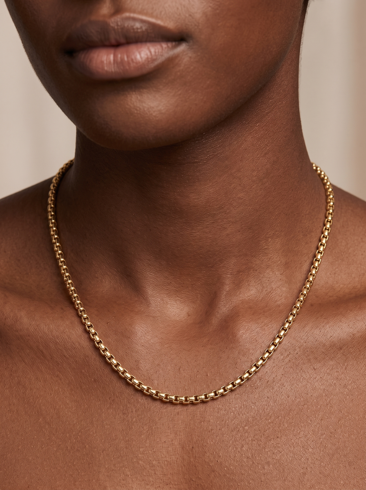 Rounded Box Chain Necklace in 14K Yellow Gold, shown close at the collarbone
