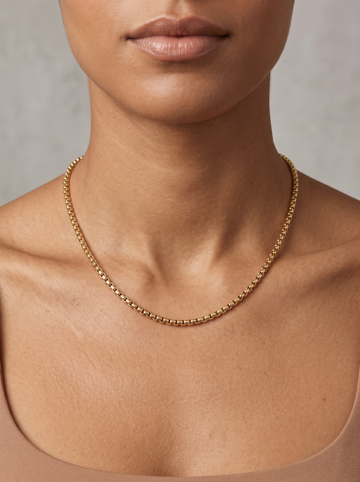Rounded Box Chain Necklace in 14K Yellow Gold, worn at the collarbone