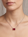 Lab-Grown Emerald-Cut Gemstone Necklace in Platinum, Ruby, worn at the collarbone
