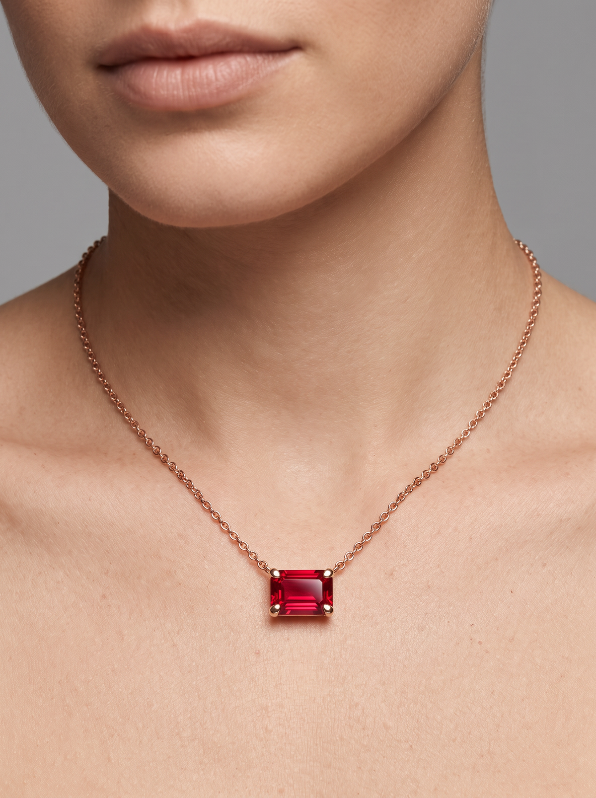 Lab-Grown Emerald-Cut Gemstone Necklace in 14K Rose Gold, Ruby, shown close at the collarbone